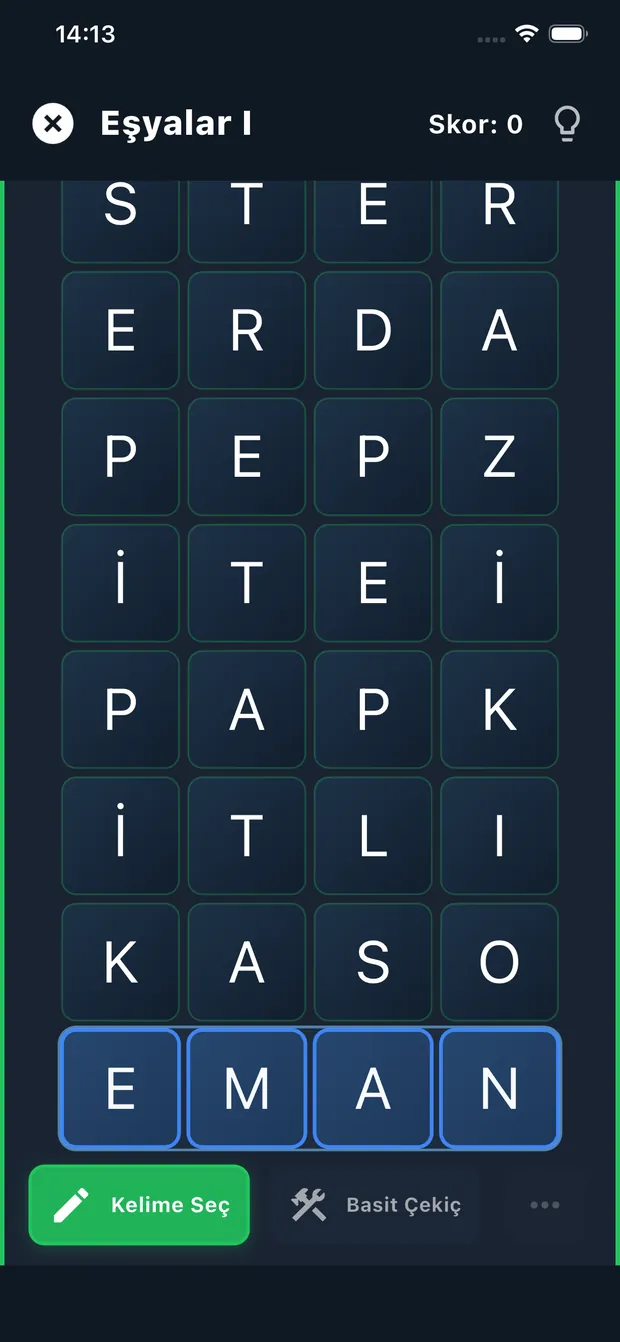 Gameplay board — tracing a word through a grid of letters.