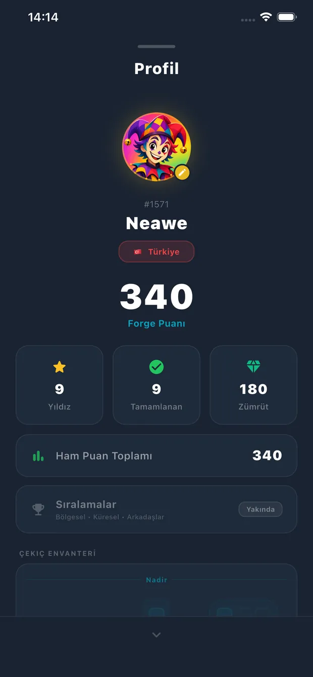 Player profile showing Forge Points and per-stage statistics.